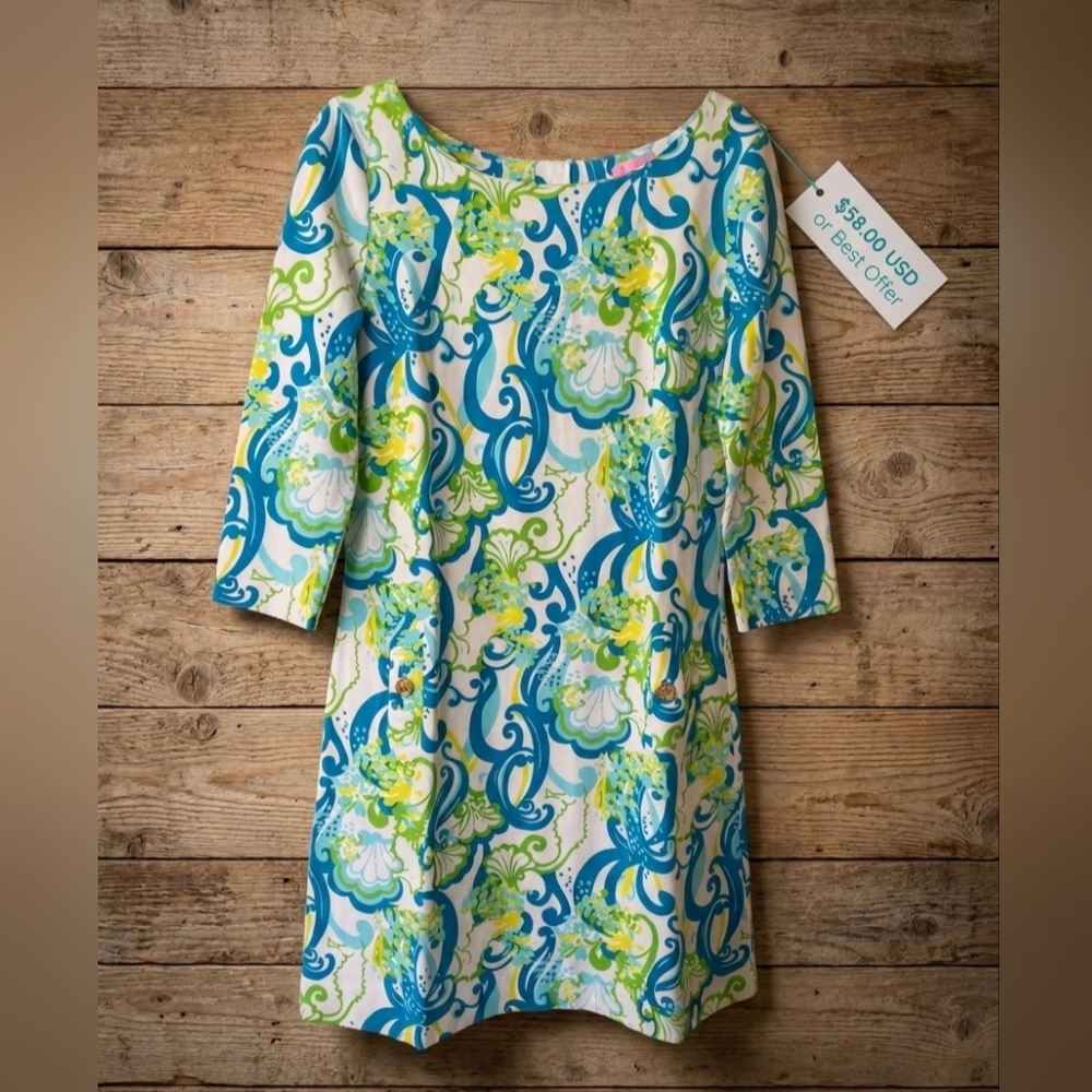 Womens Blue Green White Lilly Pulitzer Shift Dress Size XS